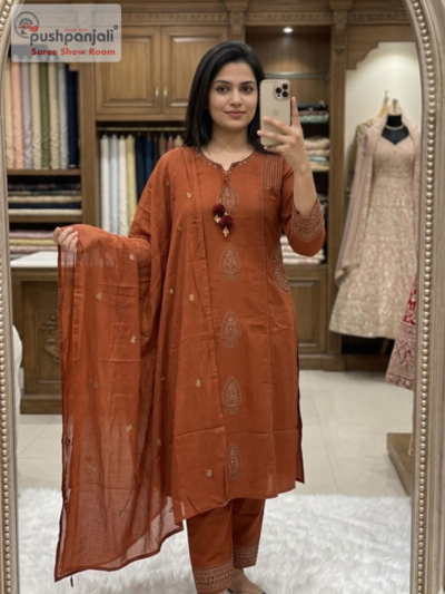 Rust Orange Embroidered Straight Kurta Set with Dupatta