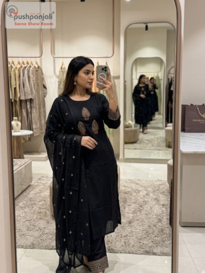Charcoal Black Embroidered Straight Kurta Set with Dupatta