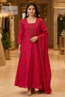 Rani Pink Embellished A-Line Kurta Set with Dupatta