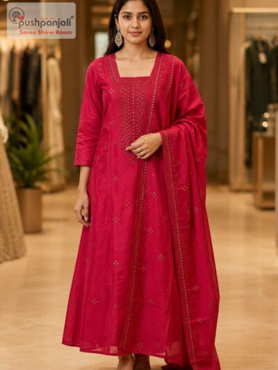 Rani Pink Embellished A-Line Kurta Set with Dupatta