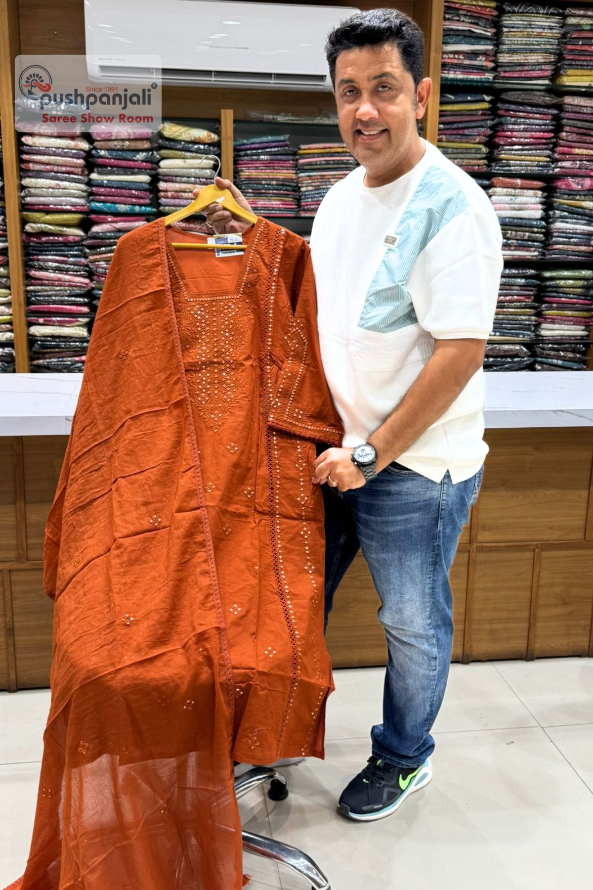 Rust Orange Embellished A-Line Kurta Set with Dupatta - Image 2