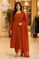 Rust Orange Embellished A-Line Kurta Set with Dupatta
