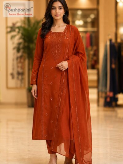 Rust Orange Embellished A-Line Kurta Set with Dupatta