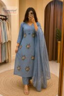 Dusty Blue Floral Embroidered Straight Kurta Set with Dupatta