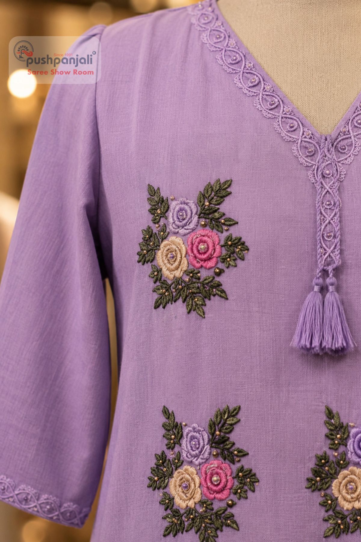 Lavender Purple Floral Embroidered Straight Kurta Set with Dupatta - Image 2