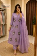 Lavender Purple Floral Embroidered Straight Kurta Set with Dupatta