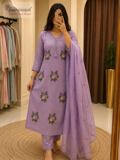 Lavender Purple Floral Embroidered Straight Kurta Set with Dupatta