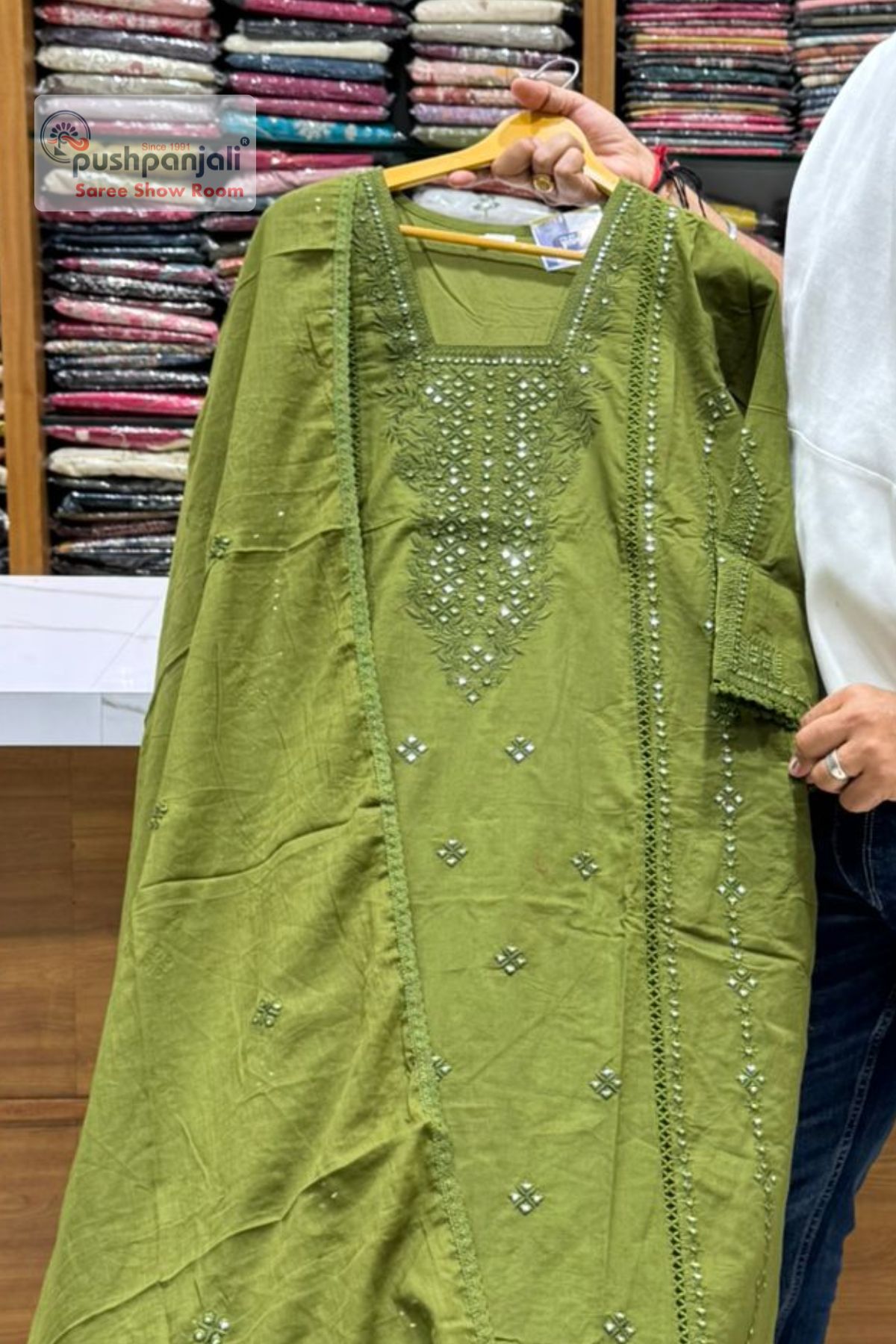Olive Green Embellished A-Line Kurta Set with Dupatta - Image 3