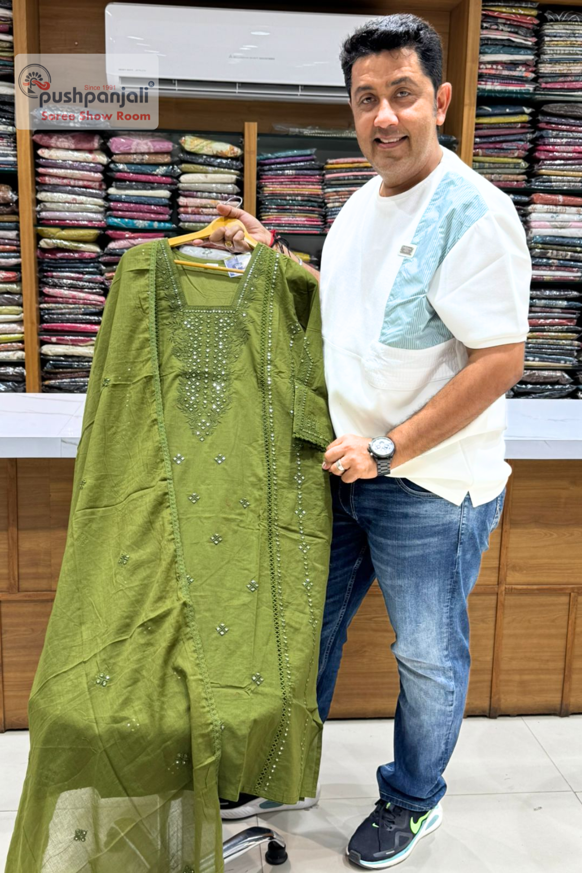 Olive Green Embellished A-Line Kurta Set with Dupatta - Image 2