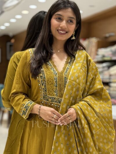Mustard Yellow A-Line Kurta Set with Printed Dupatta