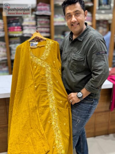 Elegant Mustard Yellow Embroidered A-line Kurta Set with Dupatta