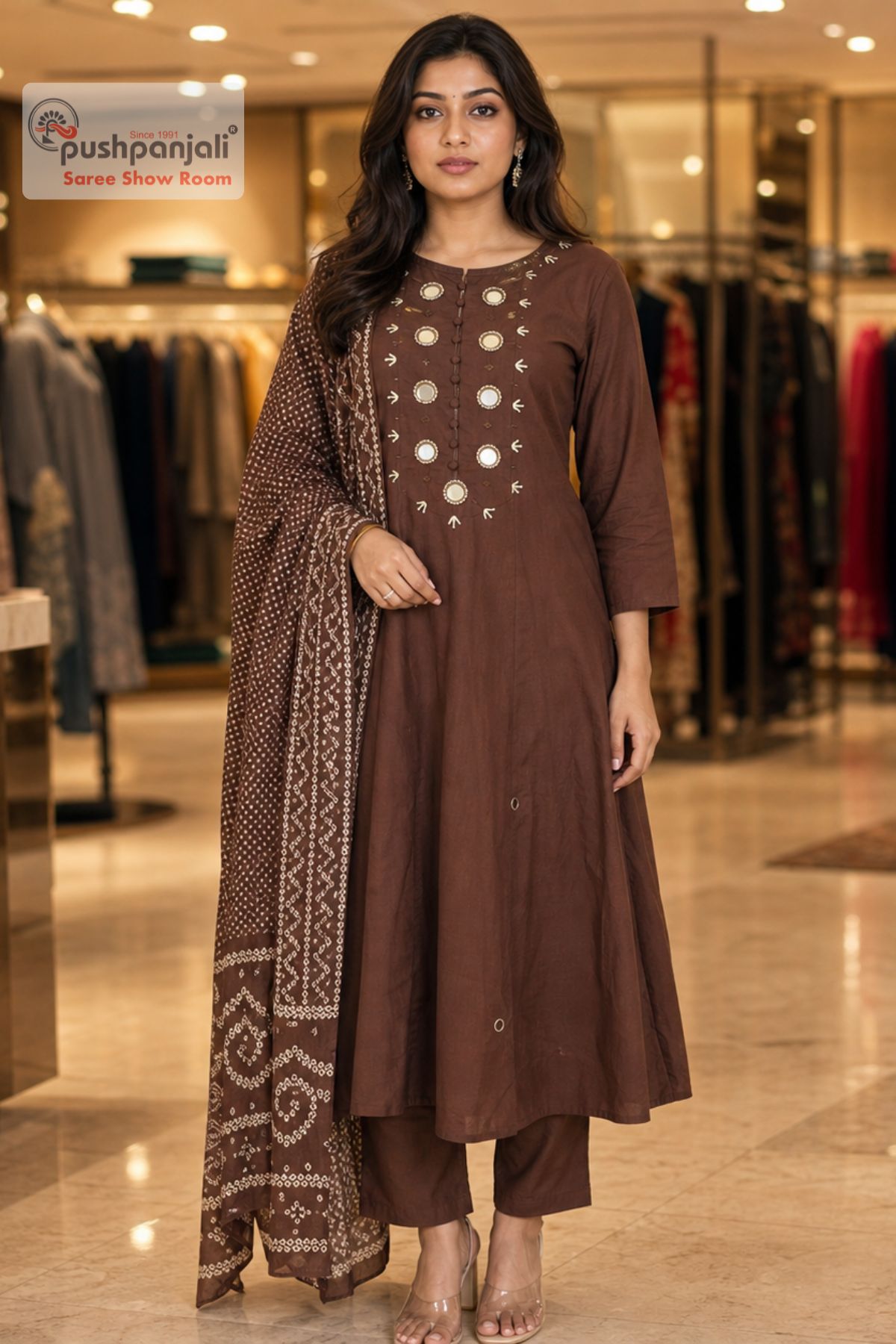 Elegant Chocolate Brown Embroidered A-line Kurta Set with Dupatta - Image 4