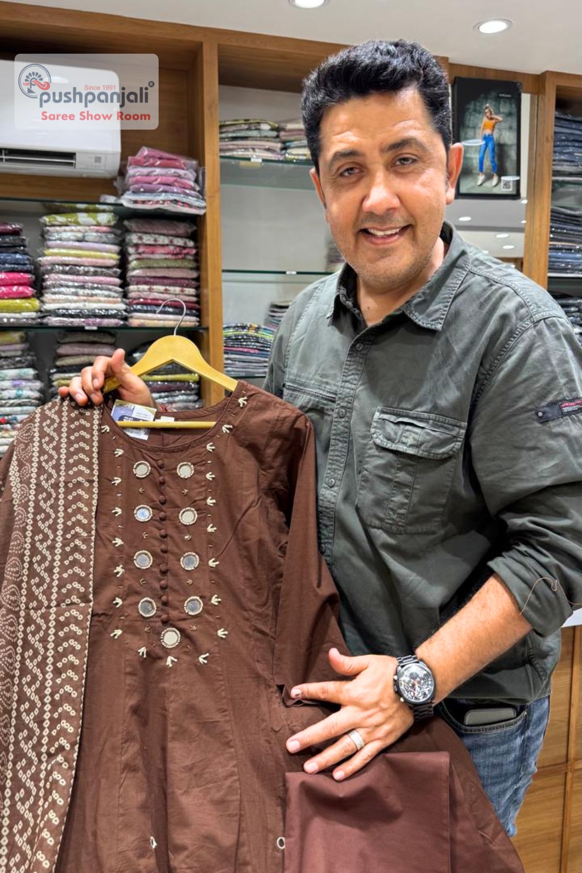 Elegant Chocolate Brown Embroidered A-line Kurta Set with Dupatta - Image 2