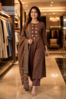 Elegant Chocolate Brown Embroidered A-line Kurta Set with Dupatta