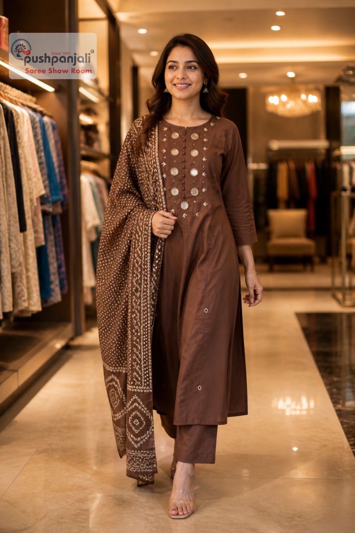 Elegant Chocolate Brown Embroidered A-line Kurta Set with Dupatta