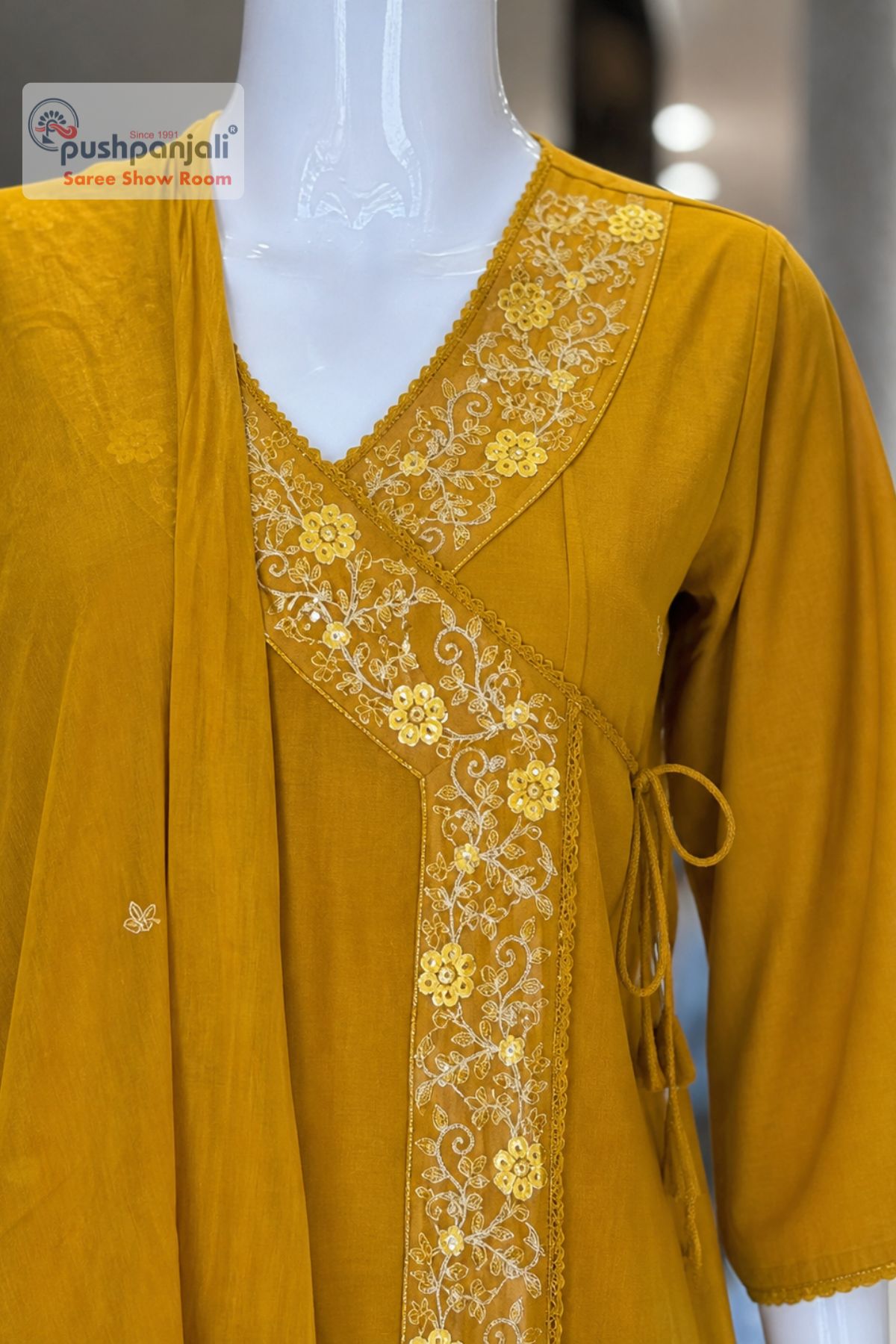 Elegant Mustard Yellow Embroidered A-line Kurta Set with Dupatta - Image 3