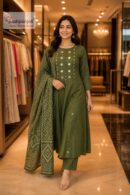 Elegant Olive Green Embroidered A-line Kurta Set with Dupatta