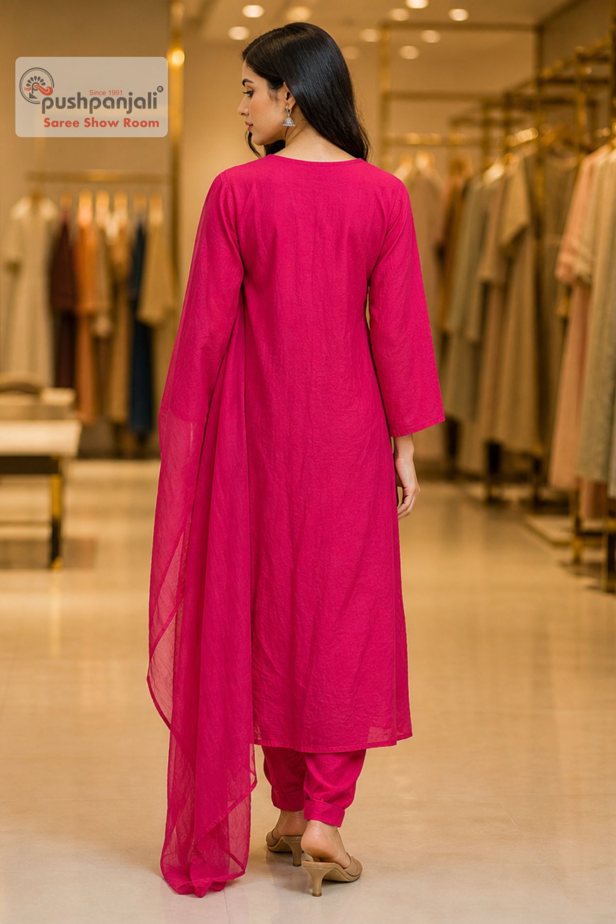Elegant Rani Pink Embroidered A-line Kurta Set with Dupatta - Image 4