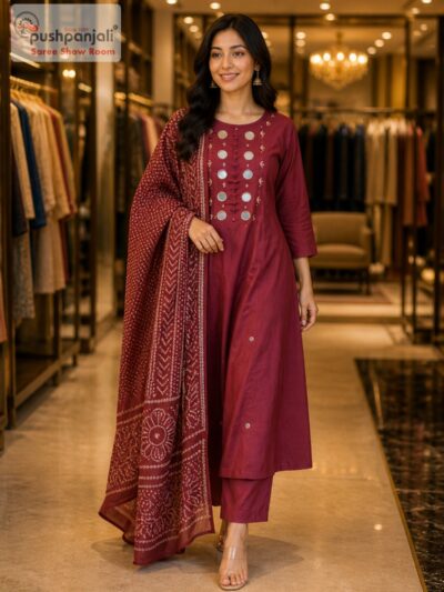 Elegant Maroon Embroidered A-line Kurta Set with Dupatta