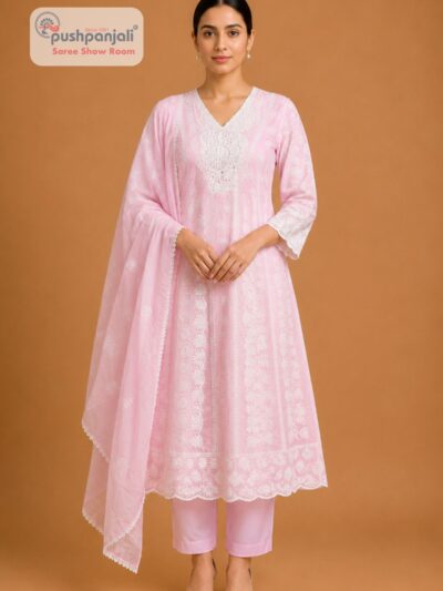 Women's Baby Pink Embroidered Cotton Suit Set with Dupatta