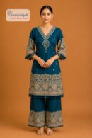 Women's Teal Blue Printed Cotton Kurta Palazzo Set