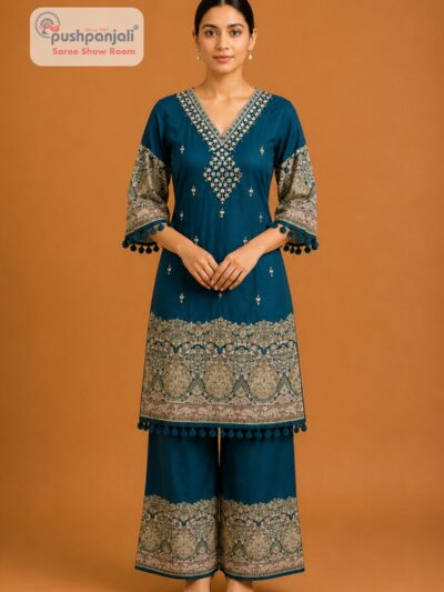Women's Teal Blue Printed Cotton Kurta Palazzo Set