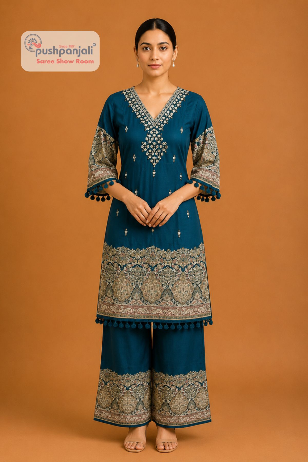 Women's Teal Blue Printed Cotton Kurta Palazzo Set