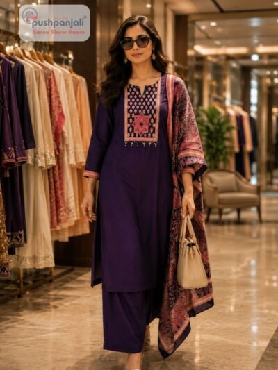 Women's Purple Embroidered Kurta Pant Set with Printed Dupatta