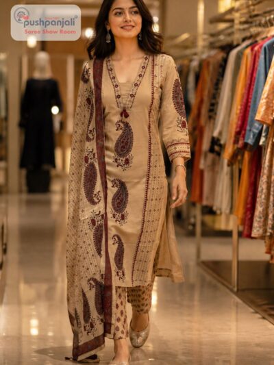Beige Paisley Printed Pure Cotton A-Line Kurti Pant Dupatta Set