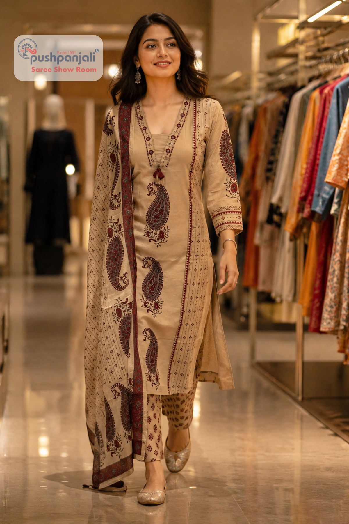 Beige Paisley Printed Pure Cotton A-Line Kurti Pant Dupatta Set