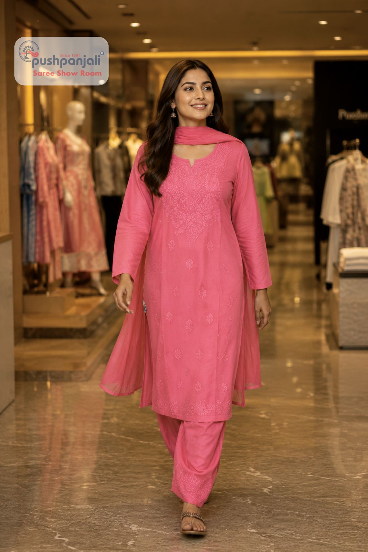 Pink Pure Cotton Embroidered Kurta Pant Dupatta Set