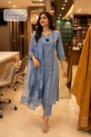 Women's Sky Blue Cotton Printed Kurta Pant Dupatta Set (3-Piece Set)
