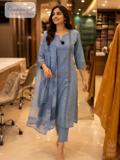 Women's Sky Blue Cotton Printed Kurta Pant Dupatta Set (3-Piece Set)