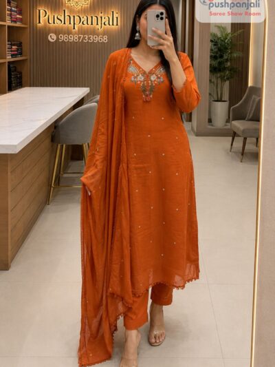 Women's Rust Orange Embroidered Kurta Pant Dupatta Set (3-Piece Set)