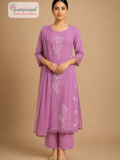 Women's Lavender Embroidered Cotton Kurta Pant Dupatta Set