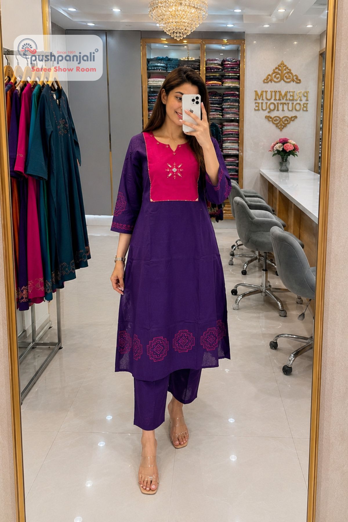 Purple & Rani Pink Embroidered 2 Piece Kurti Pant Set - Image 2