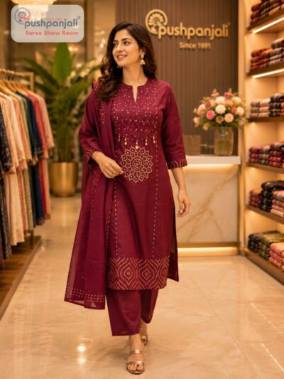 Women's Pure Cotton Maroon Printed Kurta Pant Dupatta Set (3-Piece Set)
