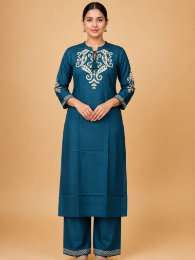 Women's Teal Blue Embroidered Kurta Pant Set