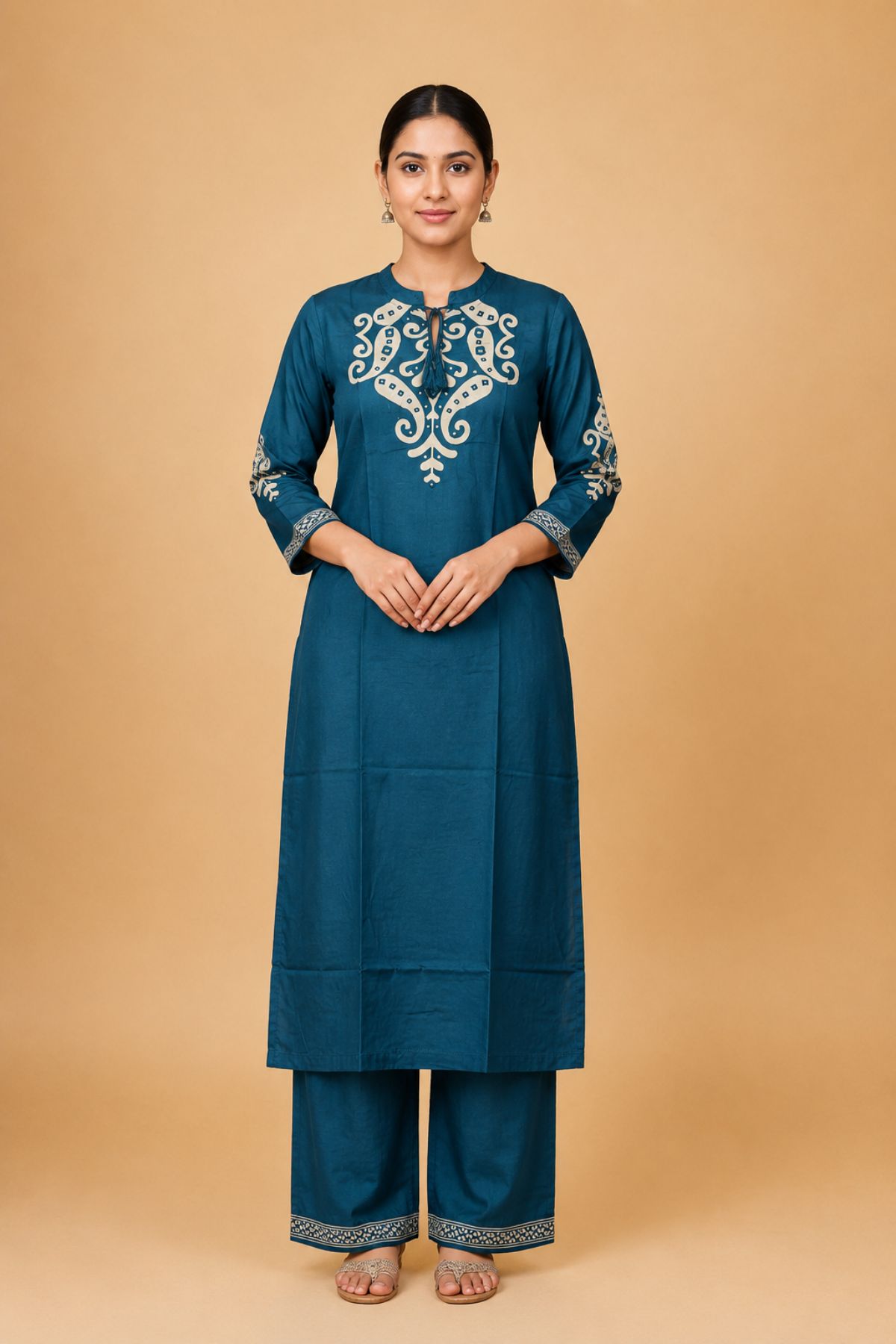 Women's Teal Blue Embroidered Kurta Pant Set