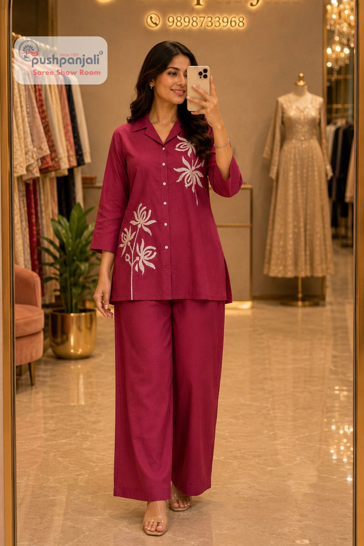 Wine Pink Floral Printed Cotton Co-Ord Set - Image 2