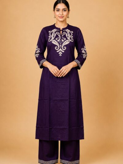 Women's Deep Purple Embroidered Kurta Pant Set (2 Pieces)