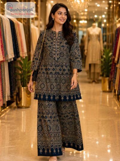 Navy Blue Printed Rayon Cotton Co-Ord Set