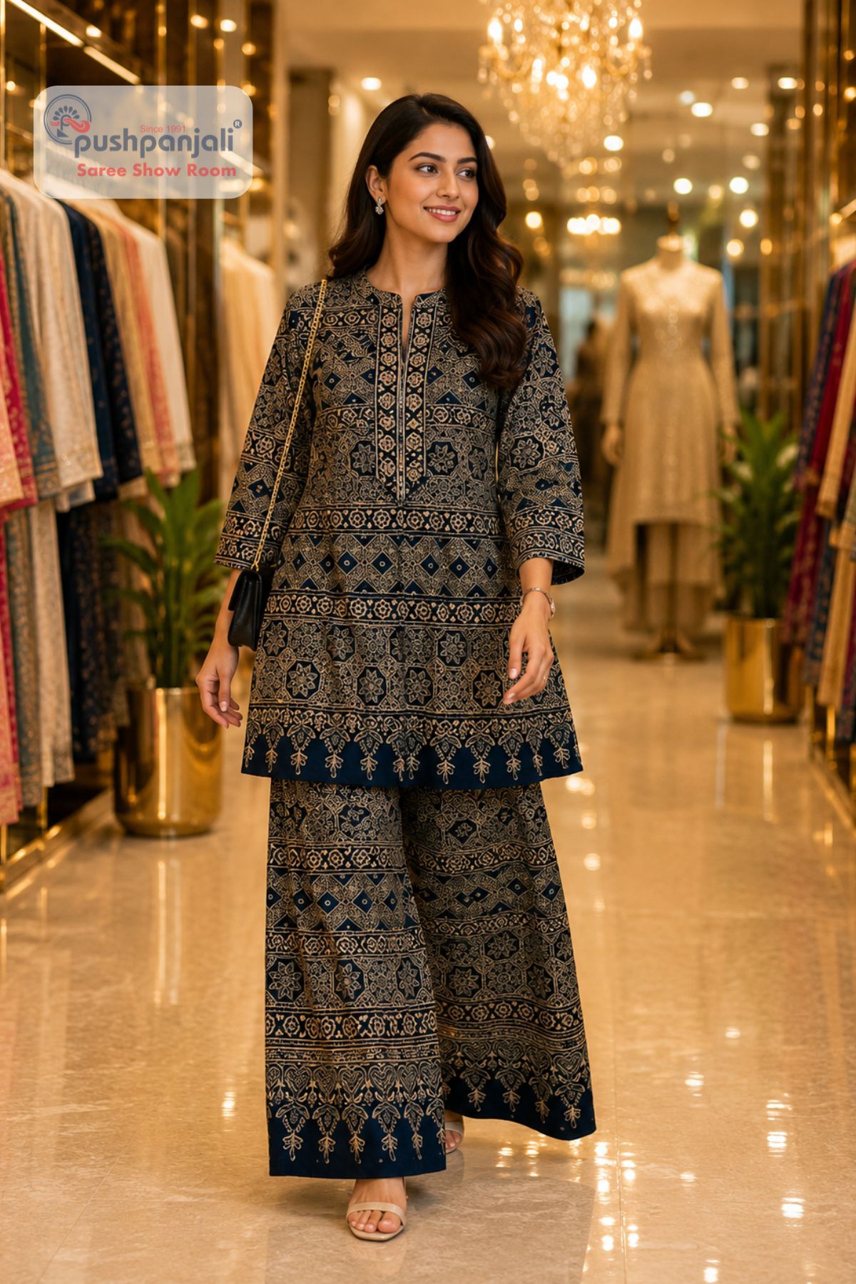 Navy Blue Printed Rayon Cotton Co-Ord Set