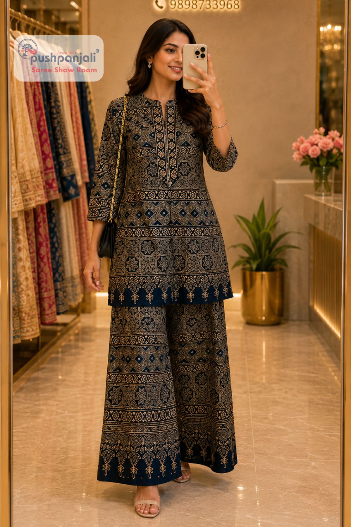 Navy Blue Printed Rayon Cotton Co-Ord Set - Image 2