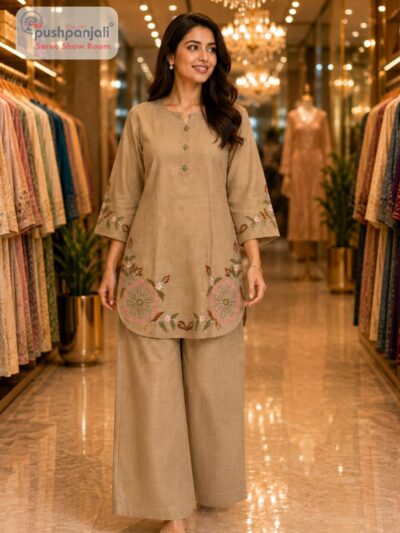 Beige Linen Cotton Embroidered Co-Ord Set