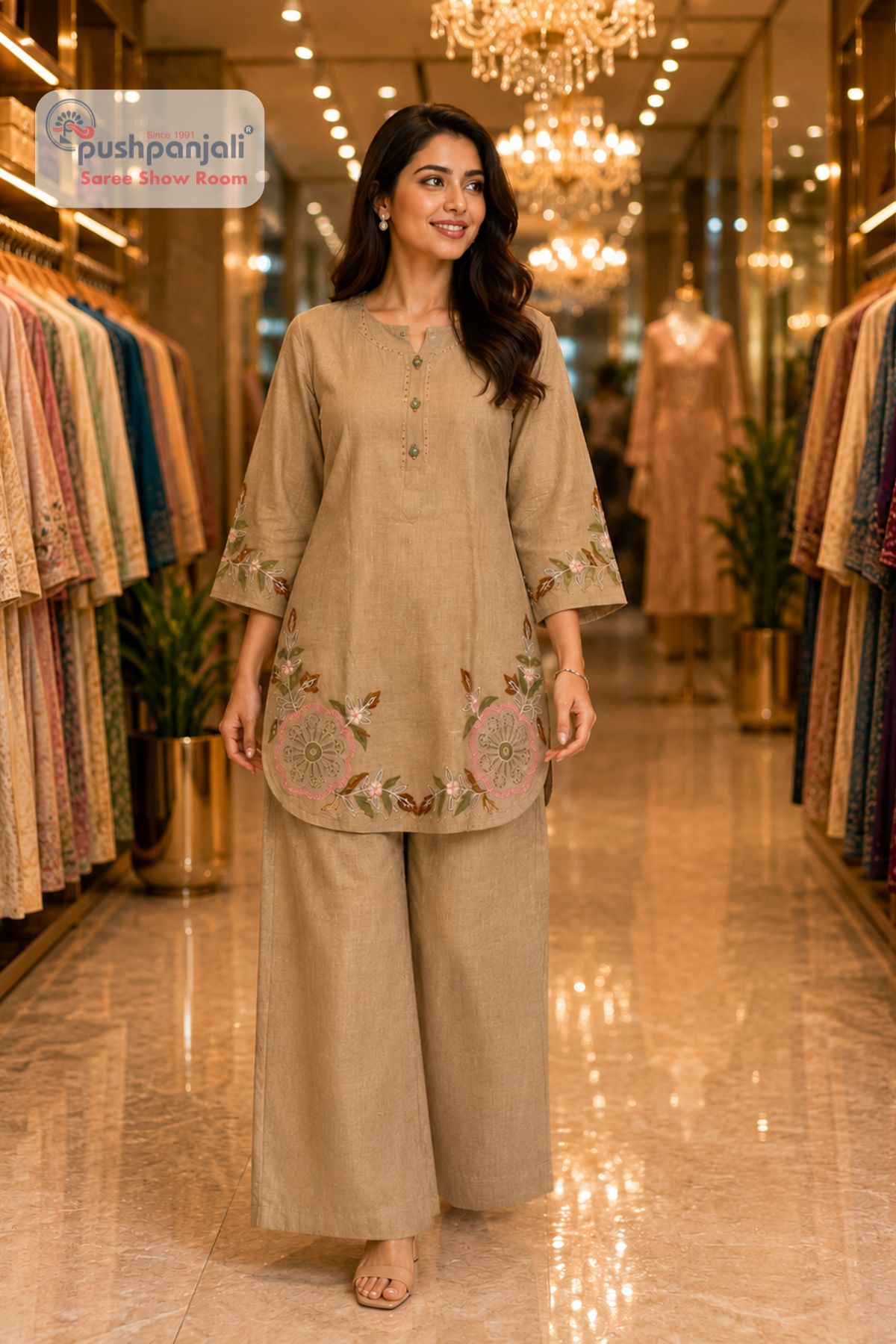 Beige Linen Cotton Embroidered Co-Ord Set
