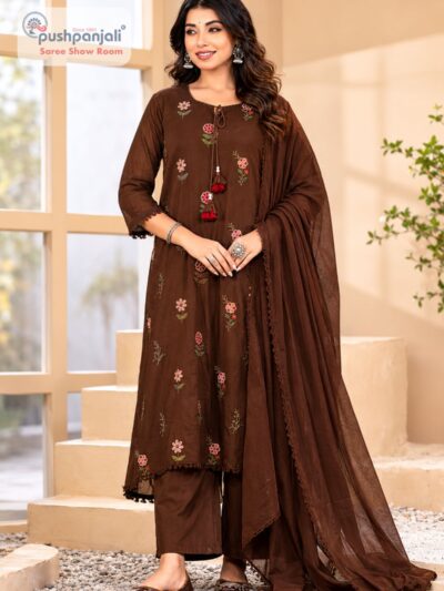Chocolate Brown Embroidered Kurti Pant Dupatta Set