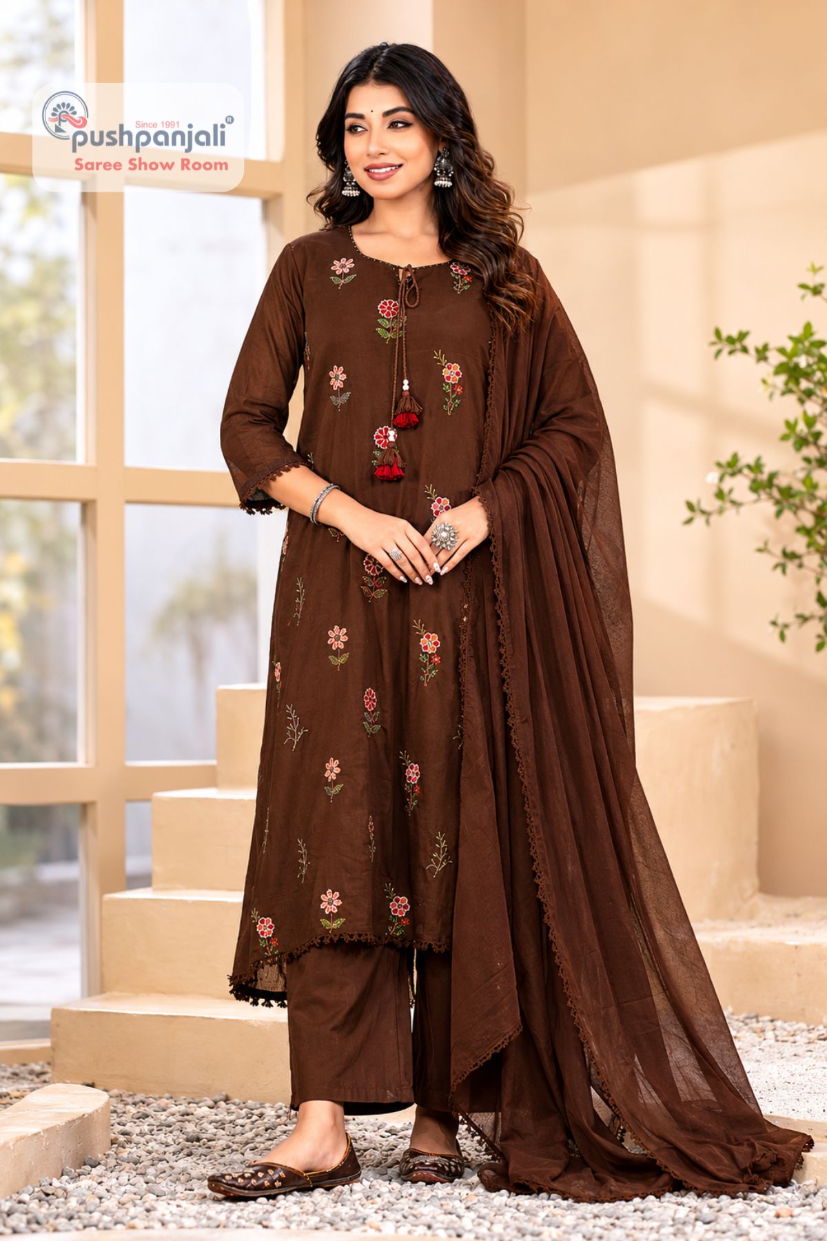 Chocolate Brown Embroidered Kurti Pant Dupatta Set