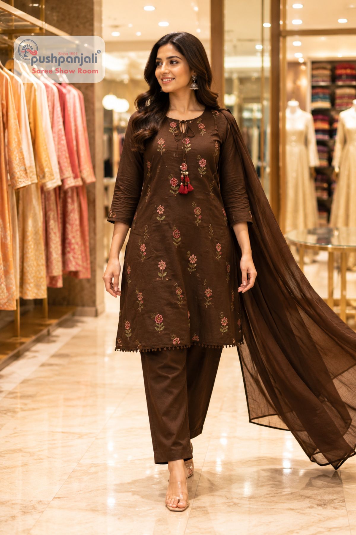 Chocolate Brown Embroidered Kurti Pant Dupatta Set - Image 2