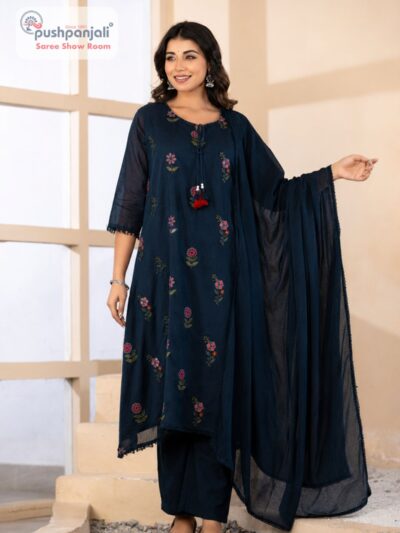 Navy Blue Floral Embroidered Kurti Pant Dupatta Set